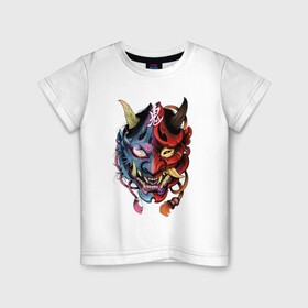 Детская футболка хлопок с принтом Два лица , 100% хлопок | круглый вырез горловины, полуприлегающий силуэт, длина до линии бедер | арт | воин | двойная маска | демон | ёкай | китай | лицо | лицо демона | маска | рисунок | рога | самурай | япония