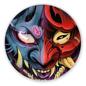 Коврик для мышки круглый с принтом Два лица , резина и полиэстер | круглая форма, изображение наносится на всю лицевую часть | арт | воин | двойная маска | демон | ёкай | китай | лицо | лицо демона | маска | рисунок | рога | самурай | япония
