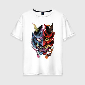 Женская футболка хлопок Oversize с принтом Два лица , 100% хлопок | свободный крой, круглый ворот, спущенный рукав, длина до линии бедер
 | арт | воин | двойная маска | демон | ёкай | китай | лицо | лицо демона | маска | рисунок | рога | самурай | япония