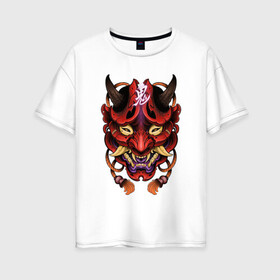 Женская футболка хлопок Oversize с принтом Маска демона , 100% хлопок | свободный крой, круглый ворот, спущенный рукав, длина до линии бедер
 | арт | воин | демон | ёкай | зубы | иероглиф | иероглифы | китай | клыки | маска | маска демона | рисунок | рога | самурай | япония