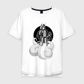 Мужская футболка хлопок Oversize с принтом Самурай наги , 100% хлопок | свободный крой, круглый ворот, “спинка” длиннее передней части | Тематика изображения на принте: арт | воин | демон | ёкай | змея | китай | манга | маска | мистическое существо | наги | рисунок | рога | самурай | чешуя | япония