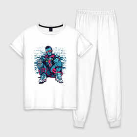 Женская пижама хлопок с принтом Cyberpunk Urban Man , 100% хлопок | брюки и футболка прямого кроя, без карманов, на брюках мягкая резинка на поясе и по низу штанин | brick | city | cyberpunk art | cyberpunk merch | cyborg | future | graffiti | graffity | neon | wall | будущее | город | граффити | киберпанк | киберпанк арт | киберпанк мерч | кирпичная стена | неон | рисунок в стиле киберпанк | урбан