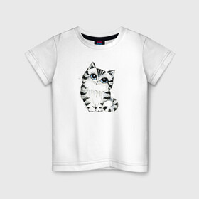 Детская футболка хлопок с принтом Котёнок , 100% хлопок | круглый вырез горловины, полуприлегающий силуэт, длина до линии бедер | голубые глаза | зверь | киса | кот | котейка | котёнок | кошак | кошка | маленький | миленький | полосатый | полоски | пушистый | серый | скетч | шерсть