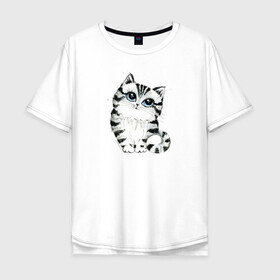 Мужская футболка хлопок Oversize с принтом Котёнок , 100% хлопок | свободный крой, круглый ворот, “спинка” длиннее передней части | голубые глаза | зверь | киса | кот | котейка | котёнок | кошак | кошка | маленький | миленький | полосатый | полоски | пушистый | серый | скетч | шерсть