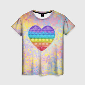 Женская футболка 3D с принтом Я твой поп-ит! , 100% полиэфир ( синтетическое хлопкоподобное полотно) | прямой крой, круглый вырез горловины, длина до линии бедер | антистресс | брызги | краска | краски | любовь | позитив | поп ит | радуга | сердечко | сердце