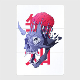 Магнитный плакат 2Х3 с принтом Череп демона , Полимерный материал с магнитным слоем | 6 деталей размером 9*9 см | Тематика изображения на принте: арт | демон | ёкай | зубы | иероглиф | иероглифы | китай | клыки | мозг | рисунок | рога | япония