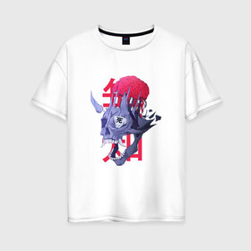 Женская футболка хлопок Oversize с принтом Череп демона , 100% хлопок | свободный крой, круглый ворот, спущенный рукав, длина до линии бедер
 | арт | демон | ёкай | зубы | иероглиф | иероглифы | китай | клыки | мозг | рисунок | рога | япония