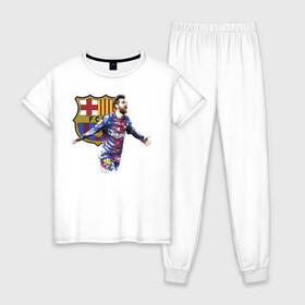 Женская пижама хлопок с принтом Lionel Messi Barcelona , 100% хлопок | брюки и футболка прямого кроя, без карманов, на брюках мягкая резинка на поясе и по низу штанин | barcelona | forward | lionel messi | star | барселона | звезда | лионель месси | форвард