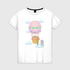 Женская футболка хлопок с принтом кролик и воздушный шар , 100% хлопок | прямой крой, круглый вырез горловины, длина до линии бедер, слегка спущенное плечо | воздушный шар | детская иллюстрация | зайчик | зеленый | коробка | кролик | небо | облако | подарки | розовый | сюрприз