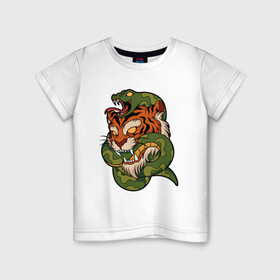 Детская футболка хлопок с принтом Тигр кусает змею , 100% хлопок | круглый вырез горловины, полуприлегающий силуэт, длина до линии бедер | Тематика изображения на принте: битва | змея | кобра | тигр | хищники | яд