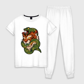 Женская пижама хлопок с принтом Тигр кусает змею , 100% хлопок | брюки и футболка прямого кроя, без карманов, на брюках мягкая резинка на поясе и по низу штанин | битва | змея | кобра | тигр | хищники | яд