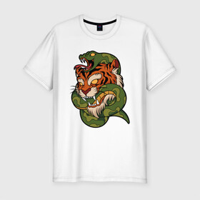 Мужская футболка хлопок Slim с принтом Тигр кусает змею , 92% хлопок, 8% лайкра | приталенный силуэт, круглый вырез ворота, длина до линии бедра, короткий рукав | Тематика изображения на принте: битва | змея | кобра | тигр | хищники | яд