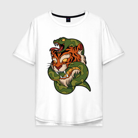 Мужская футболка хлопок Oversize с принтом Тигр кусает змею , 100% хлопок | свободный крой, круглый ворот, “спинка” длиннее передней части | Тематика изображения на принте: битва | змея | кобра | тигр | хищники | яд