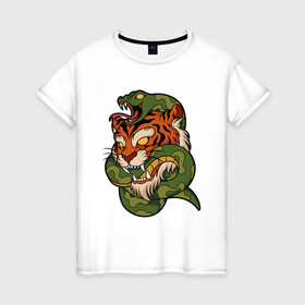Женская футболка хлопок с принтом Тигр кусает змею , 100% хлопок | прямой крой, круглый вырез горловины, длина до линии бедер, слегка спущенное плечо | битва | змея | кобра | тигр | хищники | яд