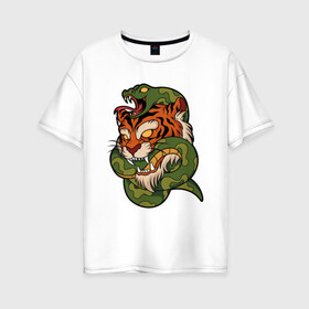 Женская футболка хлопок Oversize с принтом Тигр кусает змею , 100% хлопок | свободный крой, круглый ворот, спущенный рукав, длина до линии бедер
 | битва | змея | кобра | тигр | хищники | яд