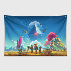 Флаг-баннер с принтом NMS Начало , 100% полиэстер | размер 67 х 109 см, плотность ткани — 95 г/м2; по краям флага есть четыре люверса для крепления | gamer | games | space | галактика | космонавт | космос
