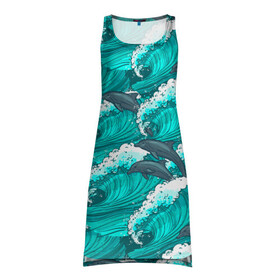 Платье-майка 3D с принтом Дельфины в море , 100% полиэстер | полуприлегающий силуэт, широкие бретели, круглый вырез горловины, удлиненный подол сзади. | dolphin | дельфин | дельфины | море | морские | на голубом | с дельфином