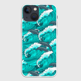 Чехол для iPhone 13 mini с принтом Дельфины в море ,  |  | dolphin | дельфин | дельфины | море | морские | на голубом | с дельфином