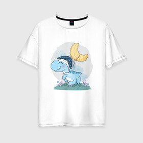 Женская футболка хлопок Oversize с принтом Динозаврик  , 100% хлопок | свободный крой, круглый ворот, спущенный рукав, длина до линии бедер
 | динозаврик | лужайка | луна | ночная шапочка | ночник | ночь | сон | цветы