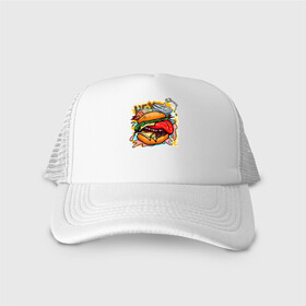 Кепка тракер с сеткой с принтом Hey, Burger!  , трикотажное полотно; задняя часть — сетка | длинный козырек, универсальный размер, пластиковая застежка | burger | вредная еда | гамбургер | иллюстрация | напиток