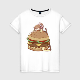 Женская футболка хлопок с принтом Anime Burger , 100% хлопок | прямой крой, круглый вырез горловины, длина до линии бедер, слегка спущенное плечо | Тематика изображения на принте: аниме | бургер | гамбургер | девушка | иллюстрация