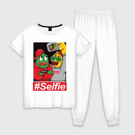 Женская пижама хлопок с принтом #Selfie , 100% хлопок | брюки и футболка прямого кроя, без карманов, на брюках мягкая резинка на поясе и по низу штанин | иллюстрация | крутой | монстры | селфи | фотография