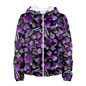 Женская куртка 3D с принтом Геометрический фиолетовый , ткань верха — 100% полиэстер, подклад — флис | прямой крой, подол и капюшон оформлены резинкой с фиксаторами, два кармана без застежек по бокам, один большой потайной карман на груди. Карман на груди застегивается на липучку | abstraction | black | dark | geometric | violet | абстракция | геометрический | геометрия | квадрат | круг | линии | темный | треугольник | фиолетовый | черный