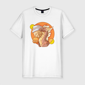 Мужская футболка хлопок Slim с принтом Кофейный дракон , 92% хлопок, 8% лайкра | приталенный силуэт, круглый вырез ворота, длина до линии бедра, короткий рукав | дракон | дракон с кофе | коричневый | кофе | оранжевый