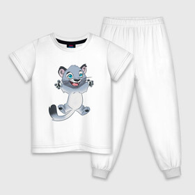 Детская пижама хлопок с принтом Снежный барс , 100% хлопок |  брюки и футболка прямого кроя, без карманов, на брюках мягкая резинка на поясе и по низу штанин
 | Тематика изображения на принте: кот | котёнок | радость | серый | снежный барс