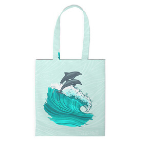 Шоппер 3D с принтом Два дельфина , 100% полиэстер | Плотность: 200 г/м2; Размер: 34×35 см; Высота лямок: 30 см | dolphin | волна | два дельфина | дельфин | дельфины | море | морские | на голубом | с дельфином