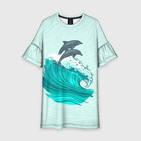 Детское платье 3D с принтом Два дельфина , 100% полиэстер | прямой силуэт, чуть расширенный к низу. Круглая горловина, на рукавах — воланы | dolphin | волна | два дельфина | дельфин | дельфины | море | морские | на голубом | с дельфином