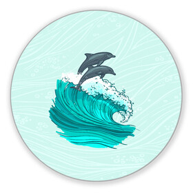 Коврик для мышки круглый с принтом Два дельфина , резина и полиэстер | круглая форма, изображение наносится на всю лицевую часть | dolphin | волна | два дельфина | дельфин | дельфины | море | морские | на голубом | с дельфином