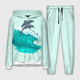 Женский костюм 3D (с толстовкой) с принтом Два дельфина ,  |  | dolphin | волна | два дельфина | дельфин | дельфины | море | морские | на голубом | с дельфином