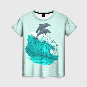 Женская футболка 3D с принтом Два дельфина , 100% полиэфир ( синтетическое хлопкоподобное полотно) | прямой крой, круглый вырез горловины, длина до линии бедер | dolphin | волна | два дельфина | дельфин | дельфины | море | морские | на голубом | с дельфином