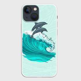 Чехол для iPhone 13 mini с принтом Два дельфина ,  |  | dolphin | волна | два дельфина | дельфин | дельфины | море | морские | на голубом | с дельфином
