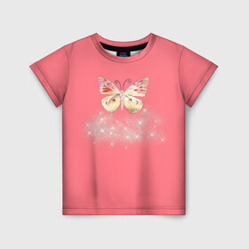 Детская футболка 3D с принтом Блестящая бабочка , 100% гипоаллергенный полиэфир | прямой крой, круглый вырез горловины, длина до линии бедер, чуть спущенное плечо, ткань немного тянется | insects | pink girls | бабочка | блёстки | опыление | пыльца | розовое