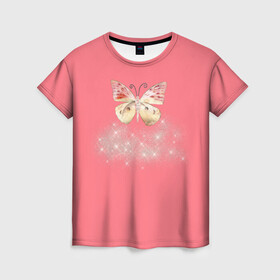Женская футболка 3D с принтом Блестящая бабочка , 100% полиэфир ( синтетическое хлопкоподобное полотно) | прямой крой, круглый вырез горловины, длина до линии бедер | insects | pink girls | бабочка | блёстки | опыление | пыльца | розовое