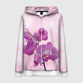 Женская толстовка 3D на молнии с принтом Нежная орхидея , 100% полиэстер | длина до линии бедра, манжеты и пояс оформлены мягкой тканевой резинкой, двухслойный капюшон со шнурком для регулировки, спереди молния, по бокам два кармана | blossom | nature | orchid | женственность | красивые цветы | орхидеи | орхидея | фаленопсис