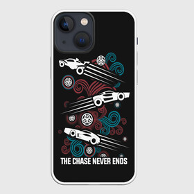 Чехол для iPhone 13 mini с принтом The chase never ends ,  |  | game | games | race | гонка | гоночка | игра | игры | лига ракет | машинки | рокет лига | футбол