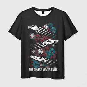 Мужская футболка 3D с принтом The chase never ends , 100% полиэфир | прямой крой, круглый вырез горловины, длина до линии бедер | game | games | race | гонка | гоночка | игра | игры | лига ракет | машинки | рокет лига | футбол