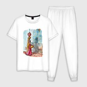 Мужская пижама хлопок с принтом Индия , 100% хлопок | брюки и футболка прямого кроя, без карманов, на брюках мягкая резинка на поясе и по низу штанин
 | акварель | девушкам | иллюстрация | индия | красивая картинка | путешествия