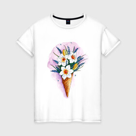 Женская футболка хлопок с принтом Цветы , 100% хлопок | прямой крой, круглый вырез горловины, длина до линии бедер, слегка спущенное плечо | акварель | весна | красивые картинки | лето | мороженое | нарциссы | тренд | цветы