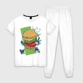 Женская пижама хлопок с принтом Fast Food , 100% хлопок | брюки и футболка прямого кроя, без карманов, на брюках мягкая резинка на поясе и по низу штанин | art | burger | cheese | cutlet | fast food | food | hamburger | salad | sandwich | арт | бургер | бутерброд | гамбургер | еда | котлета | салат | сыр | фаст фуд