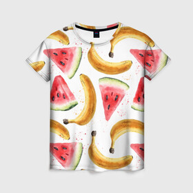Женская футболка 3D с принтом Летний фреш арбуз банан , 100% полиэфир ( синтетическое хлопкоподобное полотно) | прямой крой, круглый вырез горловины, длина до линии бедер | арбуз | арбузы | банан | бананы | летний | лето | фреш | фрукты