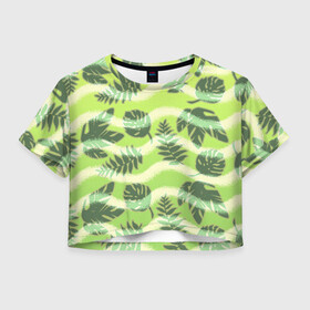 Женская футболка Crop-top 3D с принтом Тропический фон , 100% полиэстер | круглая горловина, длина футболки до линии талии, рукава с отворотами | джунгли | зелень | листья | тропики | туристические