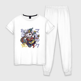 Женская пижама хлопок с принтом Аниме кот Арлекин , 100% хлопок | брюки и футболка прямого кроя, без карманов, на брюках мягкая резинка на поясе и по низу штанин | anime | art | cat | clown | cute | folklore | harlequin | japan | japanese | kanji | kawaii | kitten | kitty | manga | арт | в японском стиле | кандзи | клоун | котёнок | манга | милота | средневековый кот | фольклор | шут | японские буквы | яп