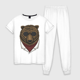 Женская пижама хлопок с принтом Gang Bear , 100% хлопок | брюки и футболка прямого кроя, без карманов, на брюках мягкая резинка на поясе и по низу штанин | иллюстрация | косолапый | крутой | мафия | мишка