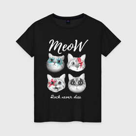 Женская футболка хлопок с принтом РОК КОТЫ , 100% хлопок | прямой крой, круглый вырез горловины, длина до линии бедер, слегка спущенное плечо | Тематика изображения на принте: and | cat | cats | cute | funny | heavy | kitten | kitty | meow | metal | music | n | pet | rock | roll | star | кот | котик | коты | кошка | кошки | крутой | музыка | рок