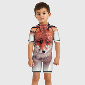 Детский купальный костюм 3D с принтом Лисица и снег , Полиэстер 85%, Спандекс 15% | застежка на молнии на спине | fox | foxy | животное | звери | лиса | лисенок | лисичка | милая | рыжая | фокс
