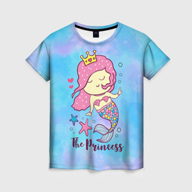 Женская футболка 3D с принтом Маленькая принцесса русалочка , 100% полиэфир ( синтетическое хлопкоподобное полотно) | прямой крой, круглый вырез горловины, длина до линии бедер | девочка | любовь | море | морские звезды | океан | русалка | русалочка | сердечки